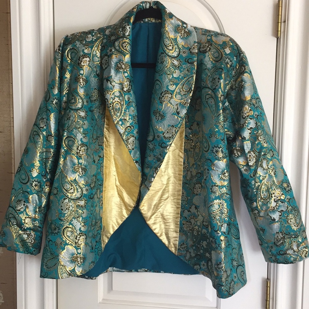 💕 Vintage Blue Brocade Asian Jacket Womens XXL